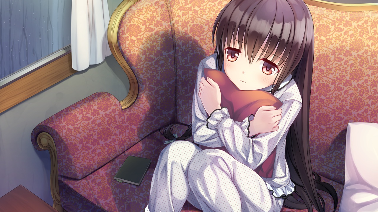 blush, book, brown_hair, game_cg, kamitsure_~7_no_nijou_fushigi~, long_hair, mizuki_kotora, pajamas