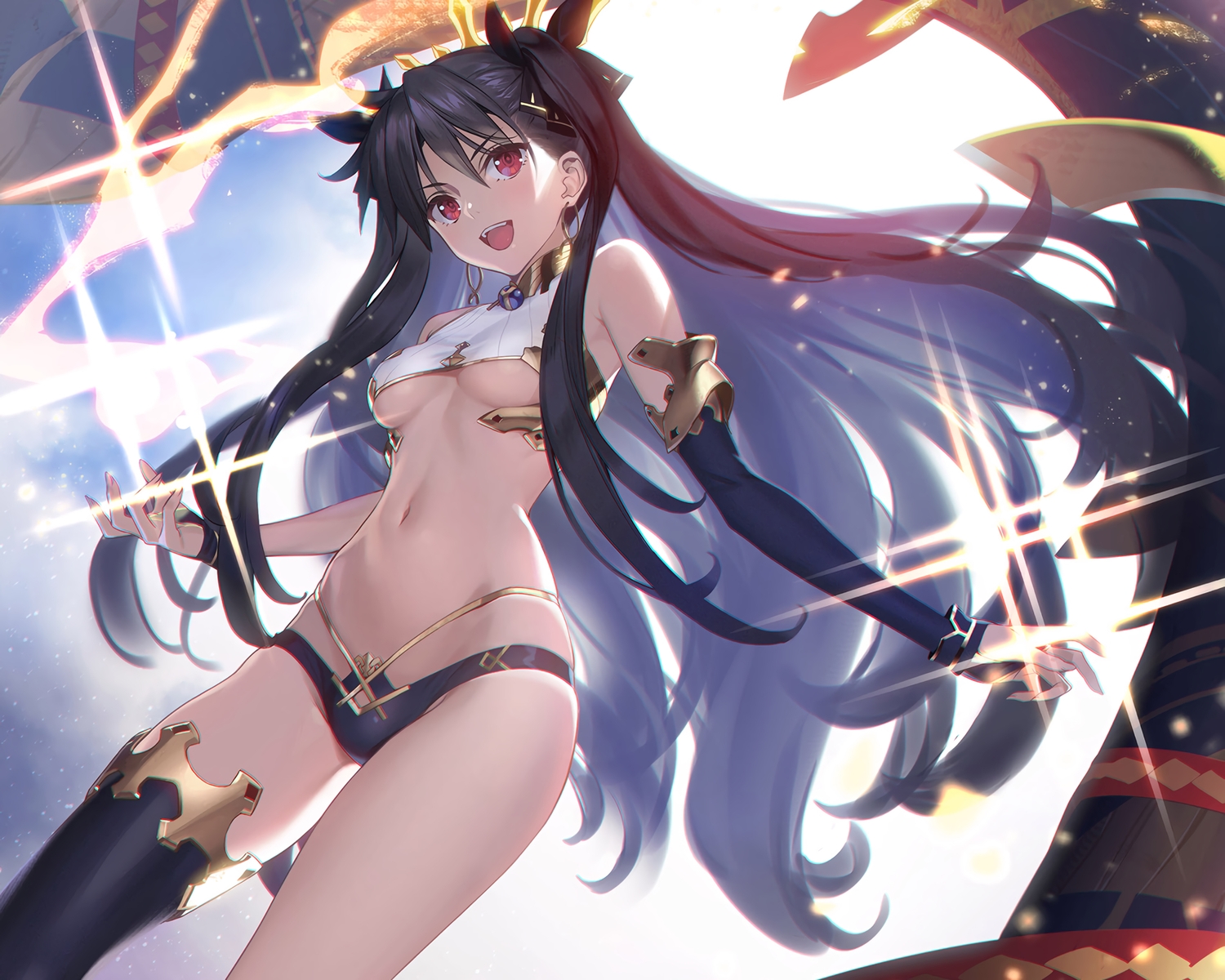 black_hair, breasts, cropped, fate/grand_order, fate_(series), ishtar_(fate/grand_order), long_hair, navel, red_eyes, siino, thighhighs, underboob