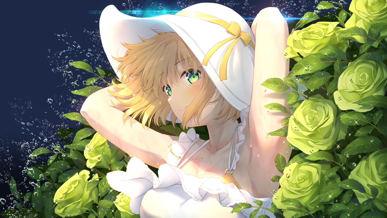 blonde_hair, blue, dress, flowers, gradient, green, green_eyes, hat