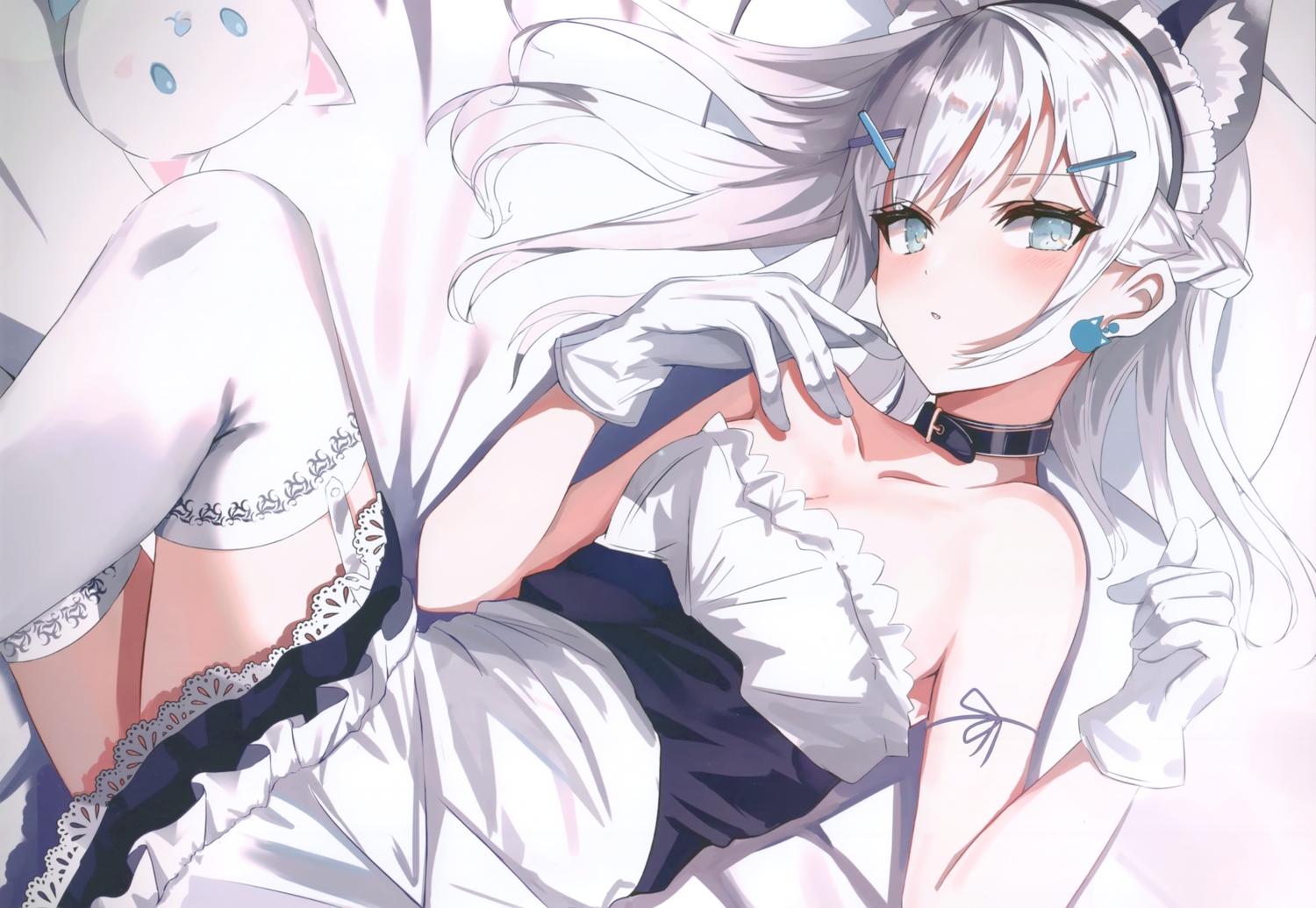 animal_ears, beckzawachi, bed, blush, braids, catgirl, collar, garter_belt, gloves, gray_eyes, headdress, long_hair, maid, original, scan, stockings, white_hair, zettai_ryouiki