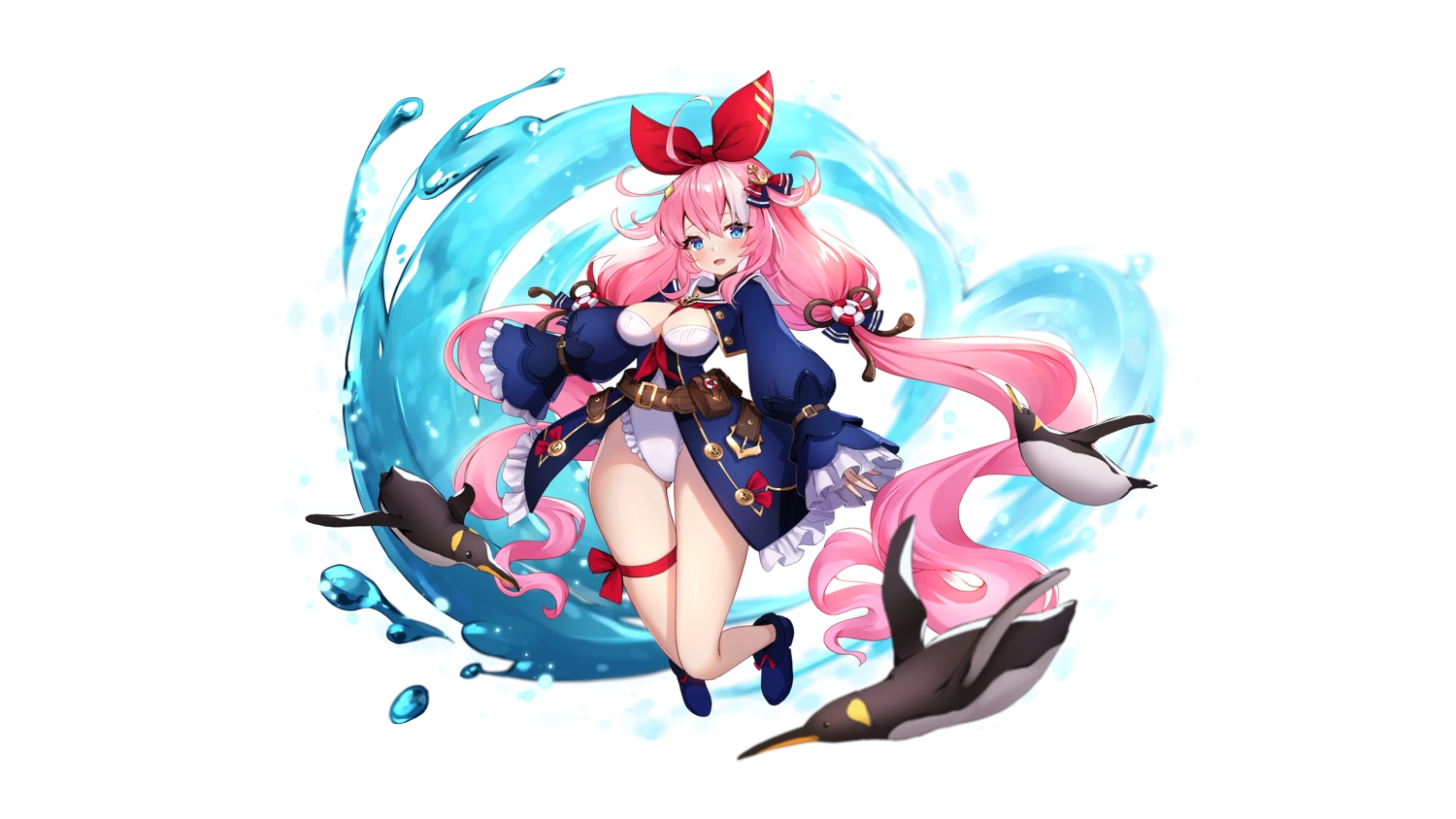 animal, ankkoyom, aqua_eyes, bird, breasts, cleavage, king's_raid, leotard, long_hair, penguin, pink_hair, shea_(king's_raid), twintails, water, white