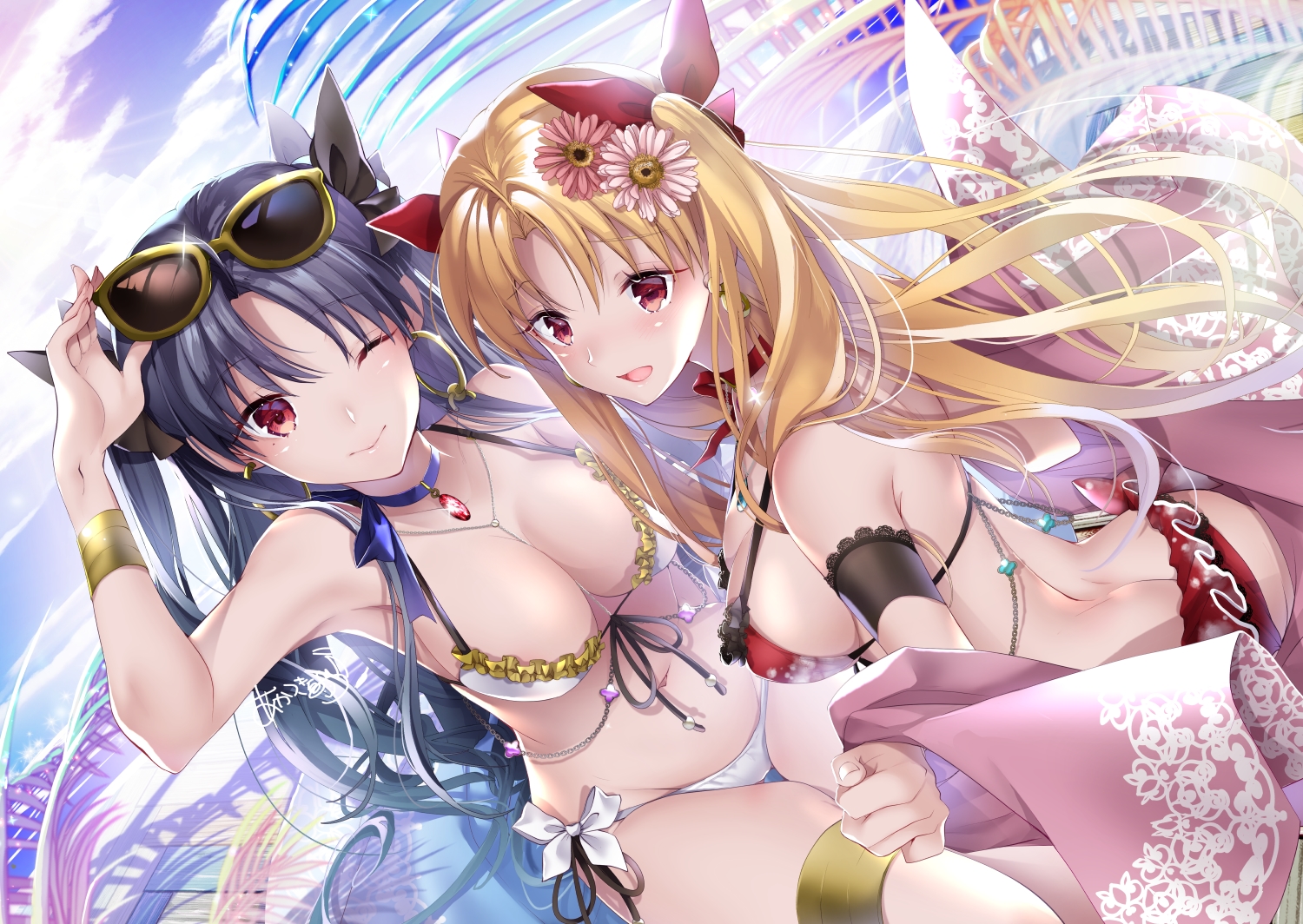 2girls, akatsuki_hijiri, aliasing, ass, bikini, breasts, cleavage, ereshkigal_(fate/grand_order), fate/grand_order, fate_(series), ishtar_(fate/grand_order), long_hair, sunglasses, swimsuit, wink