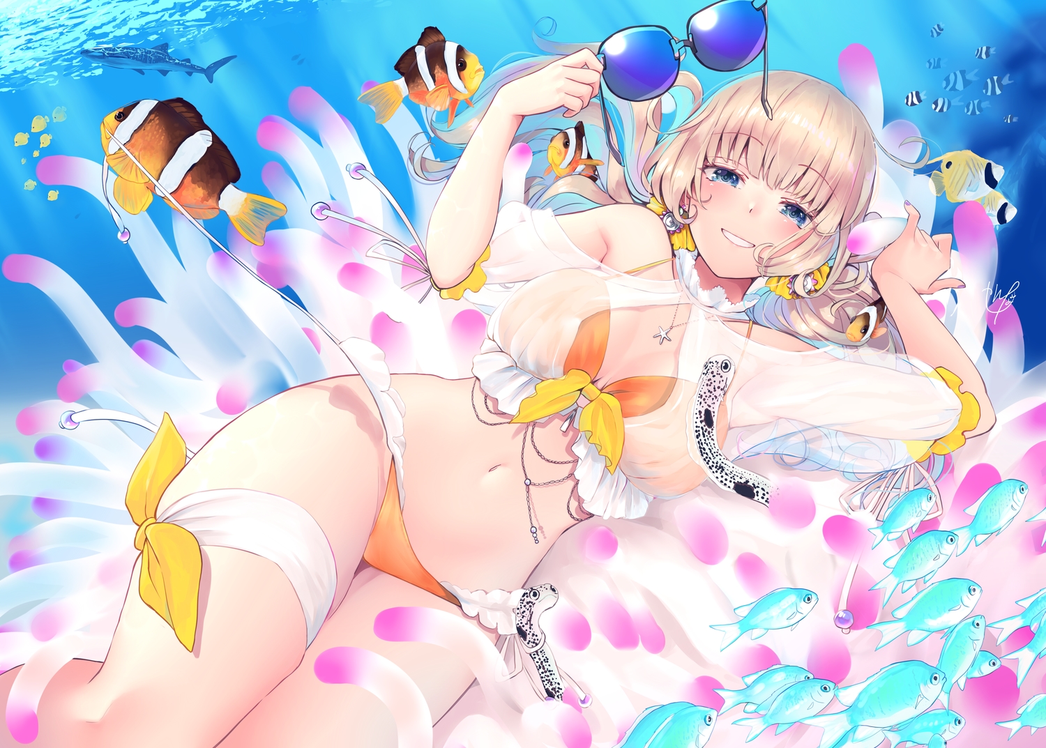 animal, bikini, fish, long_hair, narushima_kanna, navel, original, sunglasses, swimsuit, twintails, underwater, water