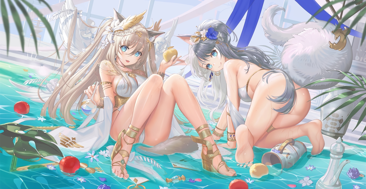 2girls, animal_ears, apple, aqua_eyes, ass, breasts, brown_hair, cameltoe, cat_smile, flowers, food, fruit, long_hair, mango_cat, original, petals, tail, twintails, water