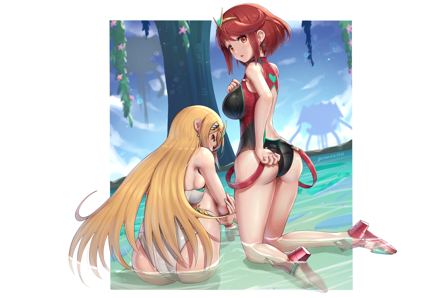 2girls, ass, blonde_hair, gonzarez, hikari_(xenoblade), homura_(xenoblade), long_hair, red_hair, short_hair, signed, swimsuit, tree, water, xenoblade