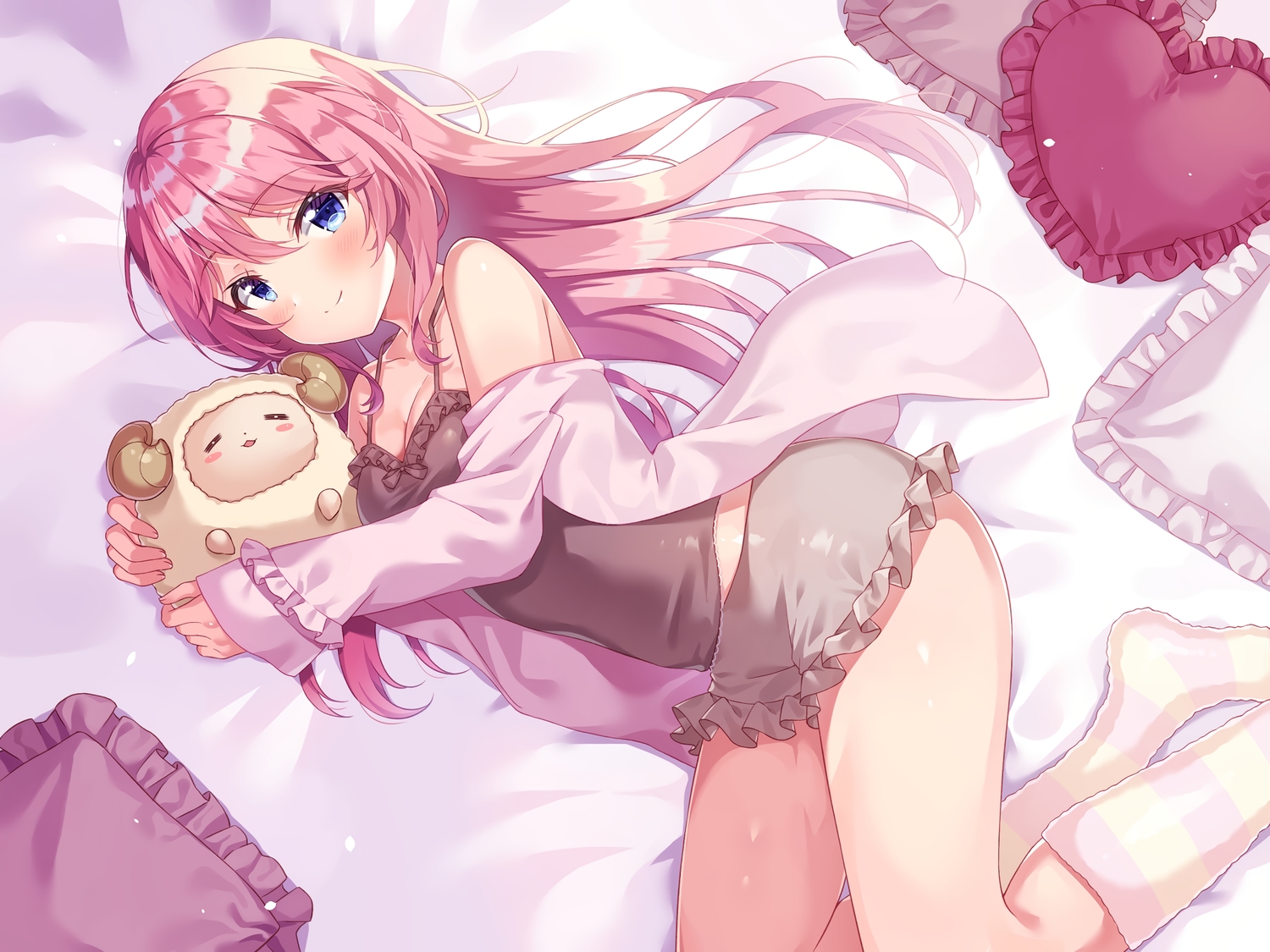 blue_eyes, blush, breasts, cleavage, long_hair, open_shirt, original, pajamas, pink_hair, shiono_(0303), shorts