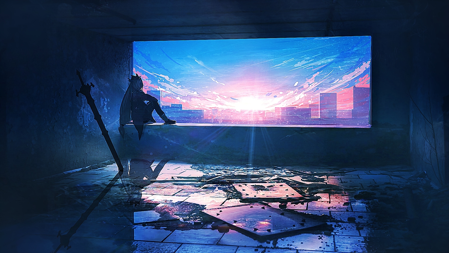 arknights, building, city, clouds, landscape, lifeline, polychromatic, ruins, scenic, skadi_(arknights), sky, sunset, sword, weapon
