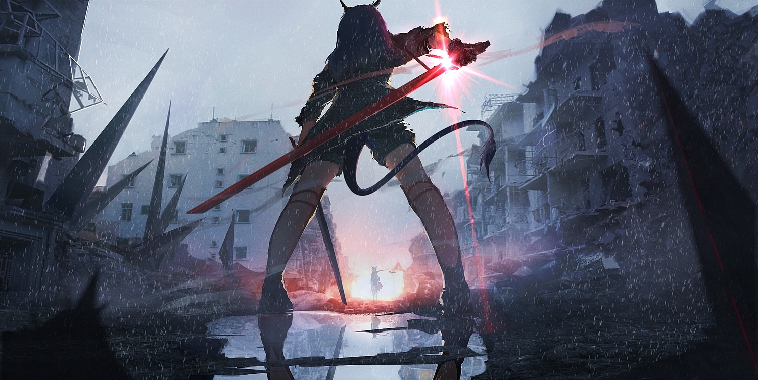 arknights, ch'en_(arknights), gloves, lifeline, rain, reflection, ruins, sword, tail, water, weapon