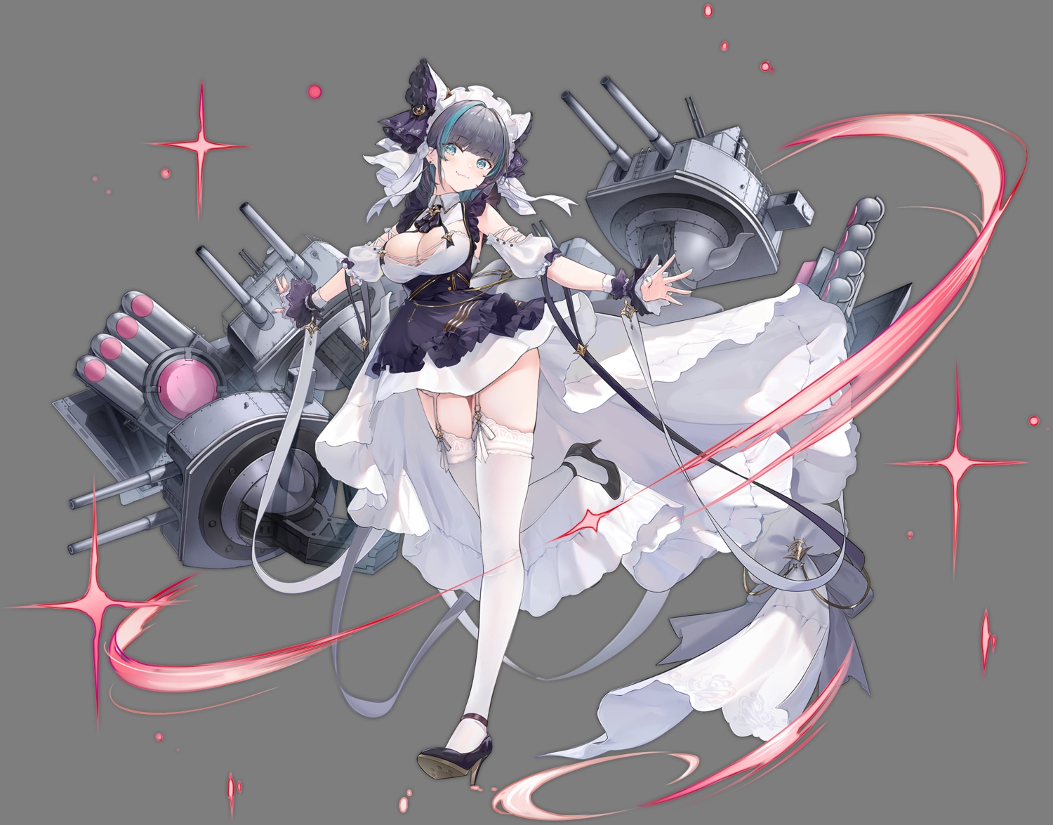 anthropomorphism, azur_lane, cat_smile, cheshire_(azur_lane), dress, garter_belt, headband, mechagirl, short_hair, stockings, transparent, yyy_(zelda10010)
