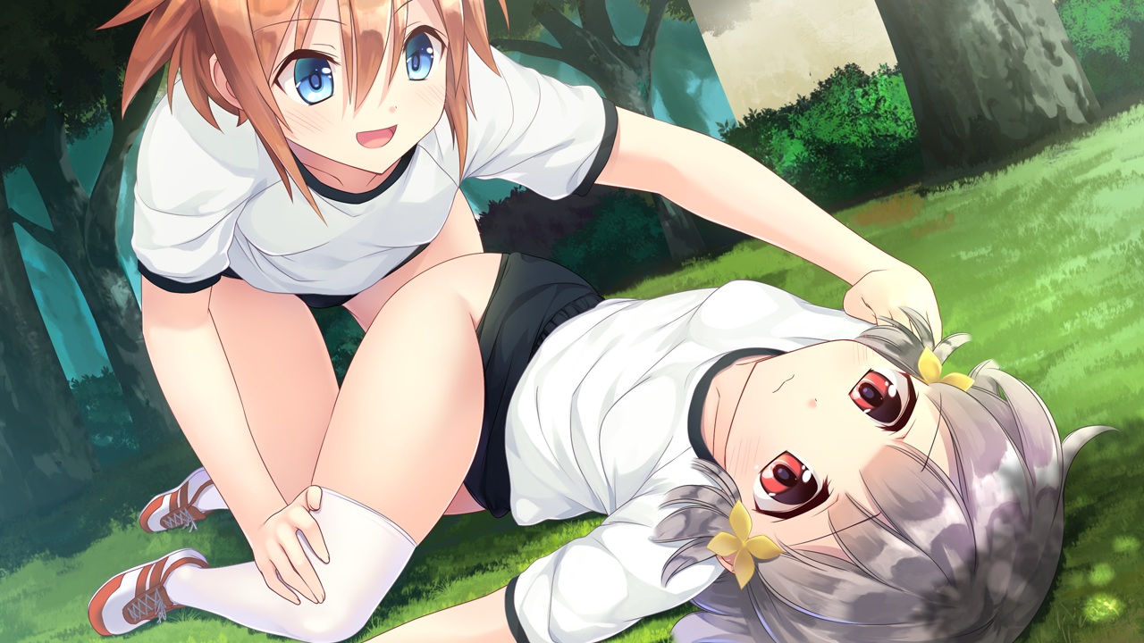 2girls, aragaki_akira, bloomers, blue_eyes, forest, game_cg, grass, gray_hair, green, gym_uniform, hiraoka_mutsuki, kamitsure_~7_no_nijou_fushigi~, mizuki_kotora, orange_hair, red_eyes, shirt, short_hair, thighhighs, tree