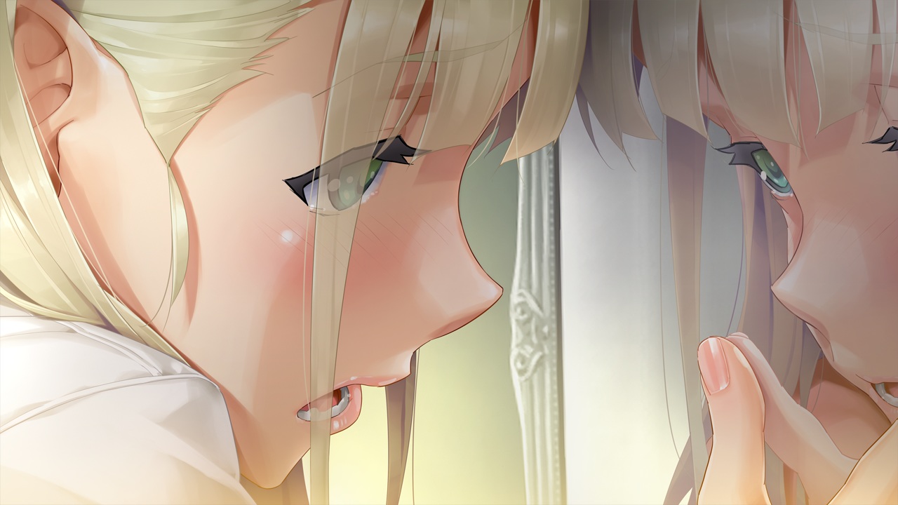 all_male, aqua_eyes, bishoujo_mangekyou, blonde_hair, blush, close, crying, game_cg, happoubi_jin, kannagi_yuuma, long_hair, male, mirror, omega_star, otoko_no_ko, reflection, tears