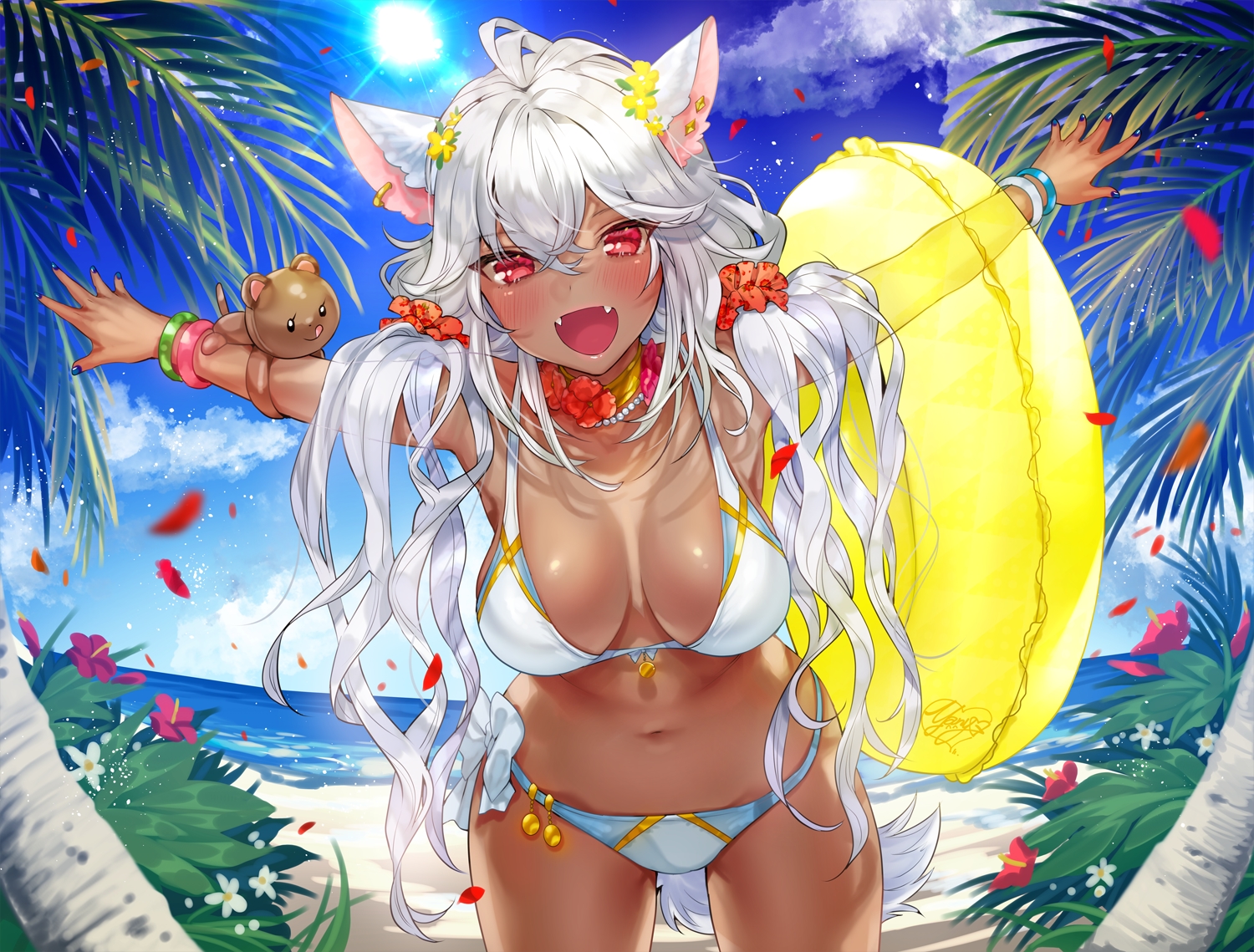 animal_ears, beach, bikini, blush, breasts, dark_skin, flowers, long_hair