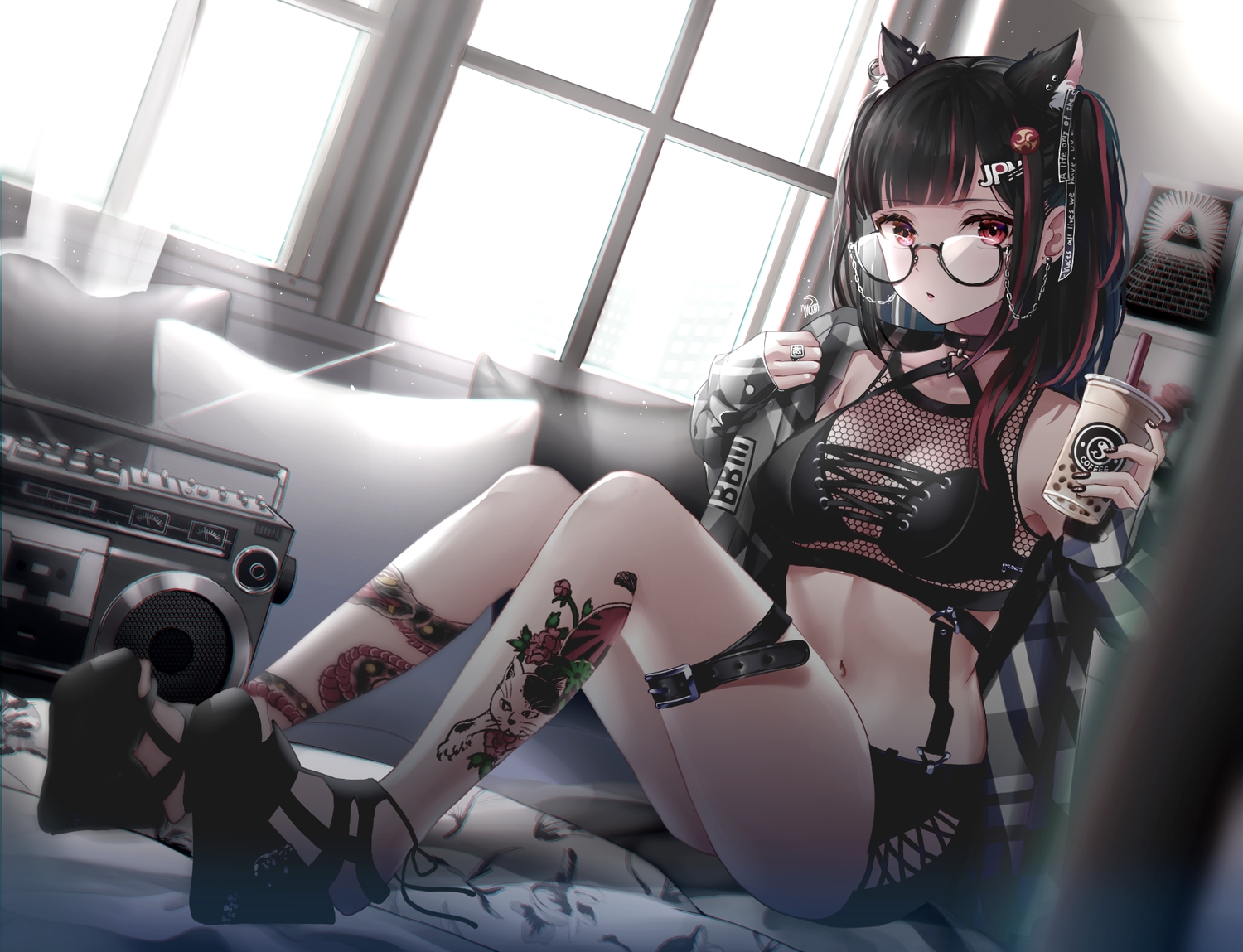 animal_ears, blue_blood_moon, drink, garter, glasses, long_hair, original, tattoo
