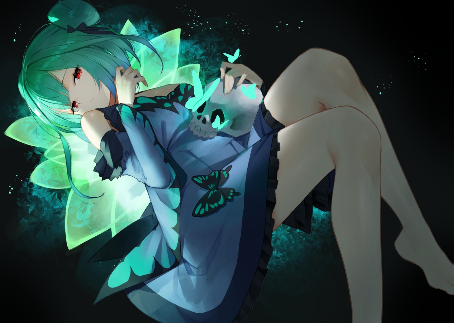barefoot, butterfly, dress, green_hair, hololive, red_eyes, scottie_(phantom2), short_hair