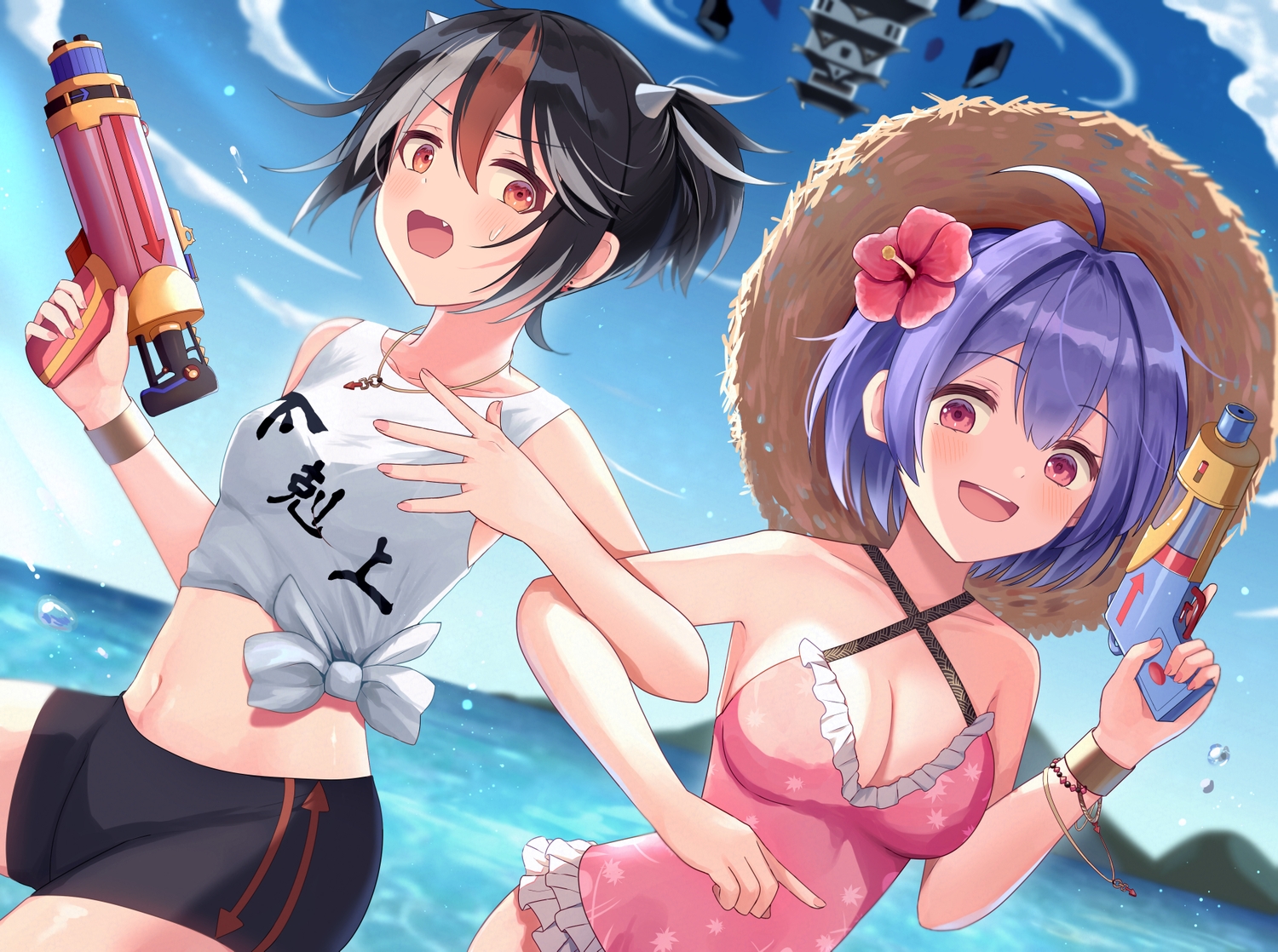 2girls, black_hair, fang, gun, hat, horns, kijin_seija, kkkk12103, purple_hair, red_eyes, short_hair, shorts, sukuna_shinmyoumaru, swimsuit, touhou, weapon