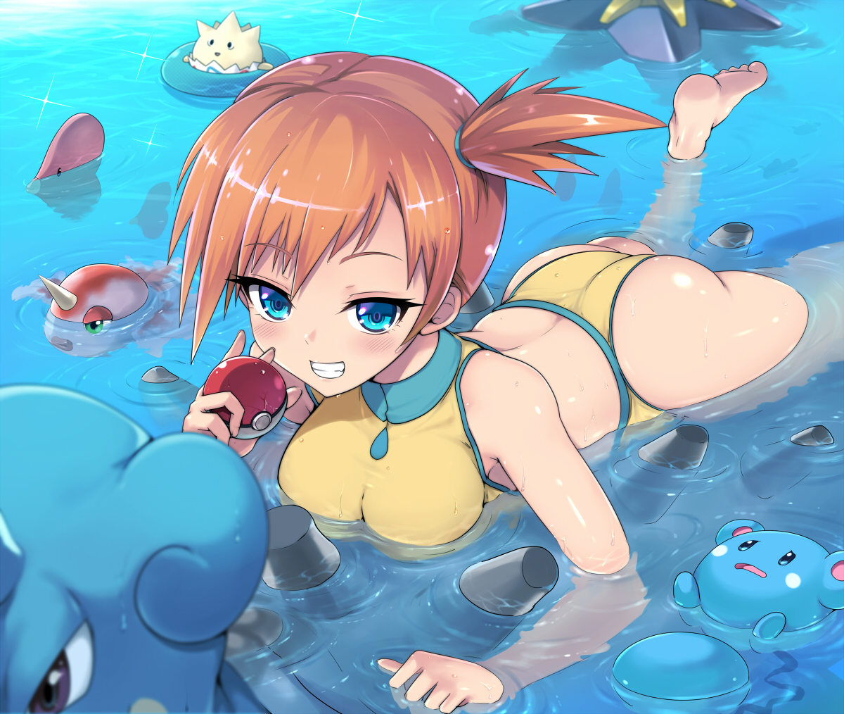 azurill, barefoot, blue_eyes, blush, goldeen, kasai_shin, kasumi_(pokemon), lapras