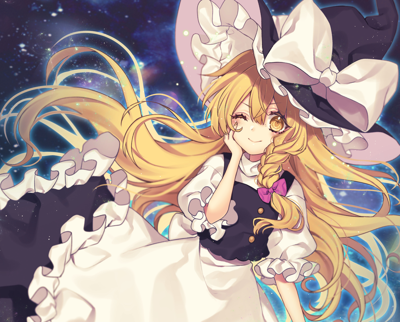 apron, blonde_hair, bow, braids, hat, kirisame_marisa, kyouda_suzuka, long_hair