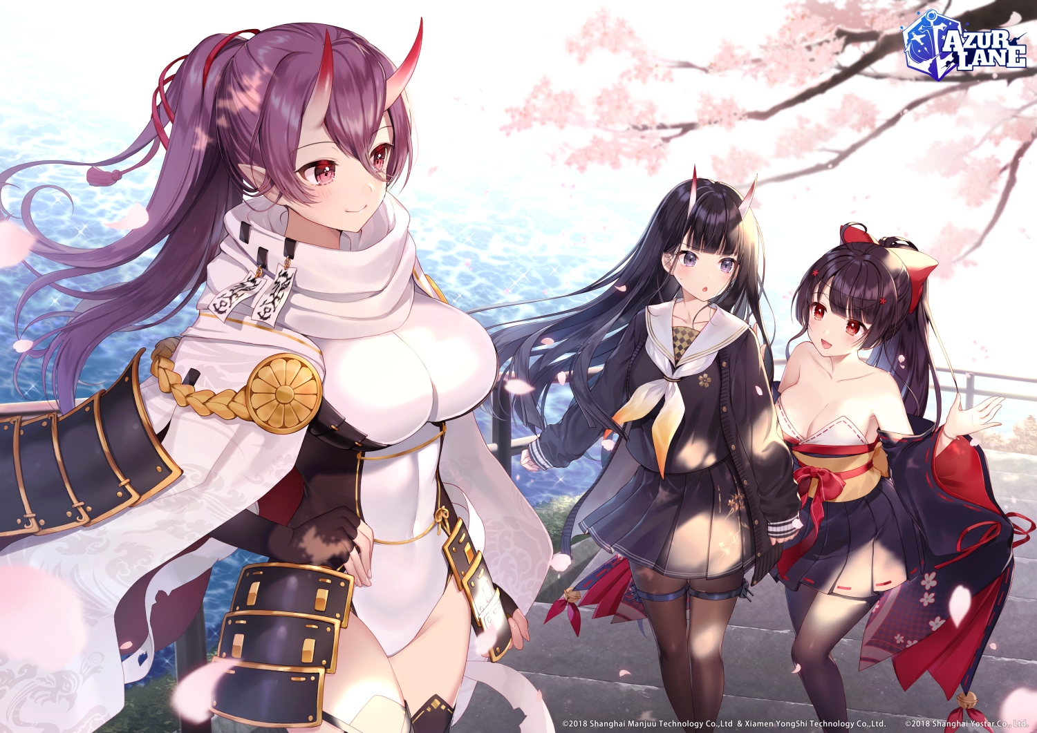 agano_(azur_lane), anthropomorphism, azur_lane, breasts, cherry_blossoms, cleavage, demon, flowers, izumo_(azur_lane), logo, momoshiki_tsubaki, noshiro_(azur_lane), pantyhose, samurai, school_uniform