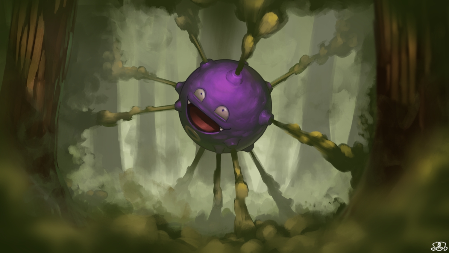 forest, koffing, no_humans, pokemon, spareribs, tree, watermark