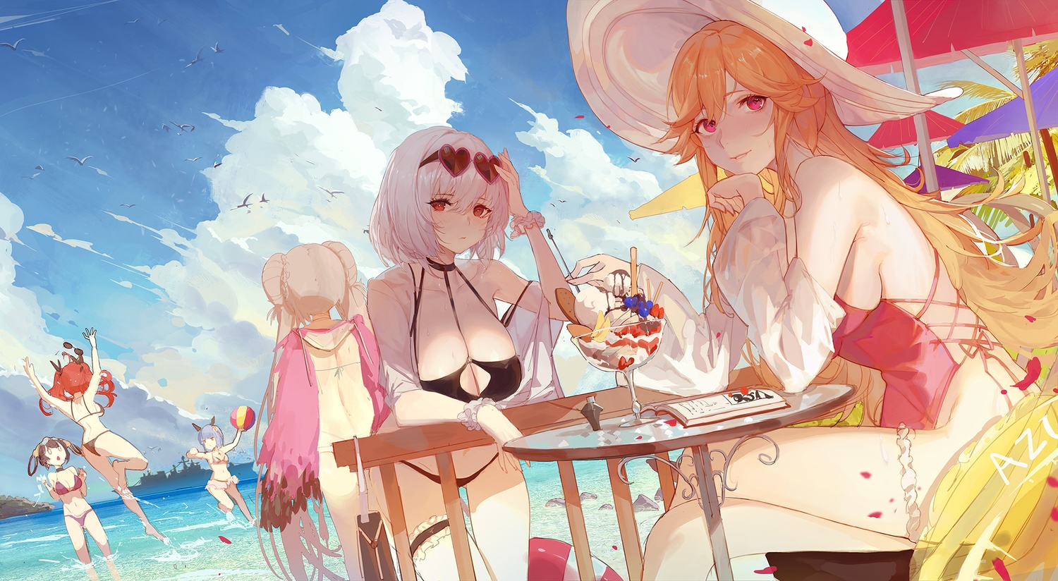 anthropomorphism, azur_lane, ball, beach, bikini, book, clouds, food