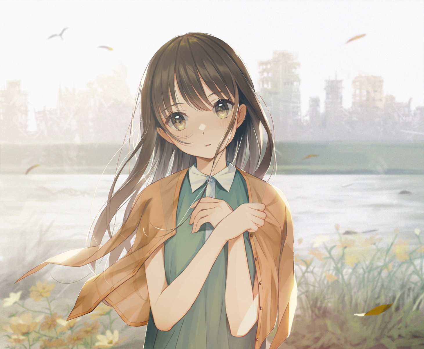 animal, bird, brown_eyes, brown_hair, building, flowers, long_hair, original