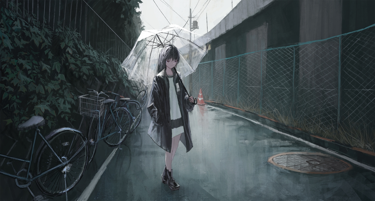 bicycle, black_hair, boots, clouds, dress, grass, kagumanikusu, leaves, long_hair, original, rain, red_eyes, umbrella, water