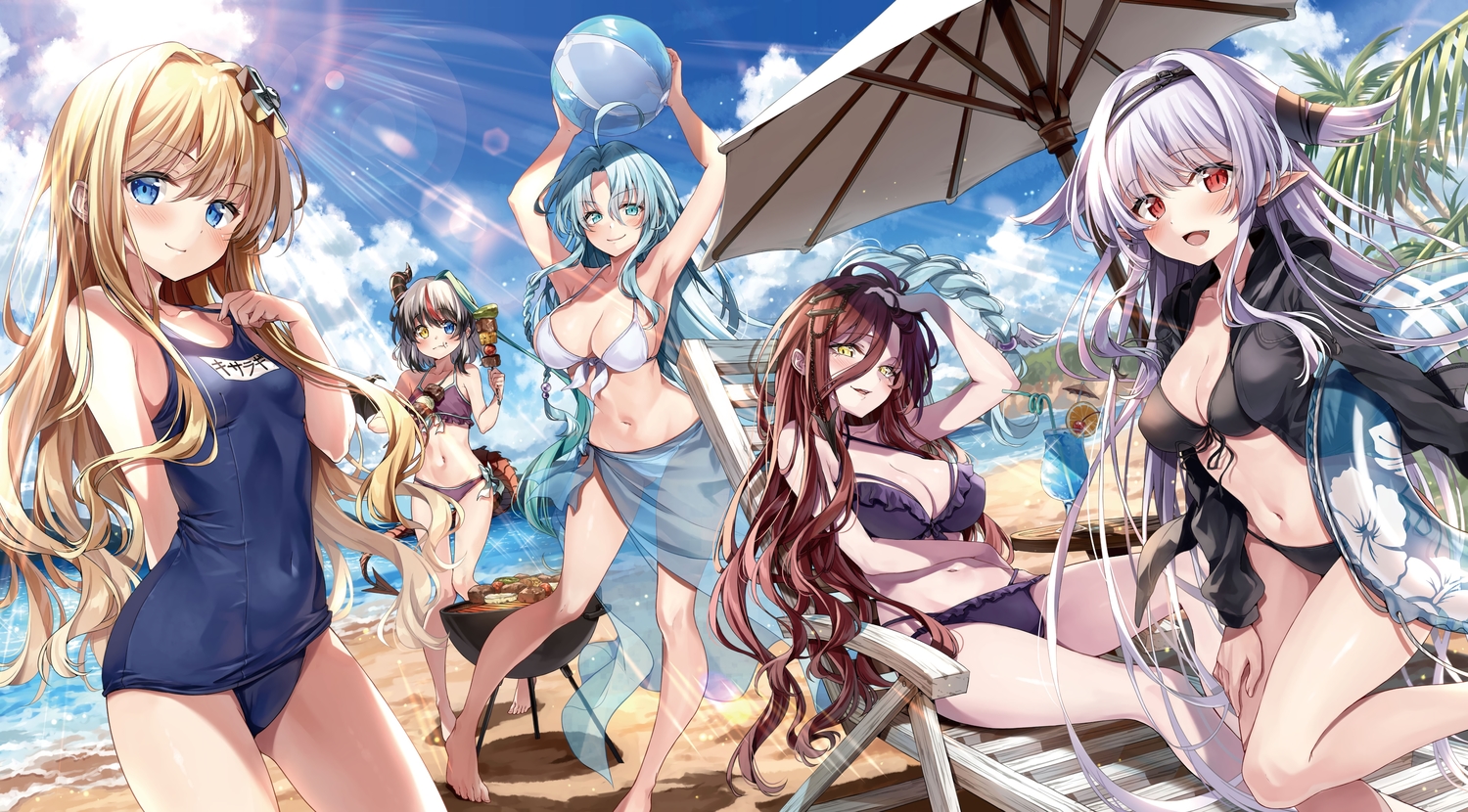 alice_(sentouin_haken_shimasu!), barefoot, beach, bicolored_eyes, bikini, black_hair, blonde_hair, blue_eyes, blue_hair, blush, breasts, cleavage, clouds, drink, food, grimm_(sentouin_haken_shimasu!), group, kakao_rantan, long_hair, navel, pointed_ears, red_eyes, rose_(sentouin_haken_shimasu!), school_swimsuit, sentouin_haken_shimasu!, short_hair, sky, snow_(sentouin_haken_shimasu!), swimsuit, tail, tree, water, white_hair, yellow_eyes