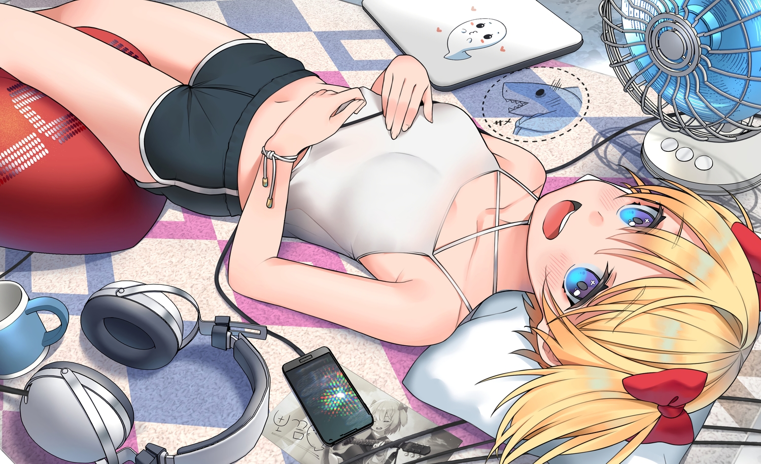 aqua_eyes, blonde_hair, blush, bow, computer, fan, headphones, navel
