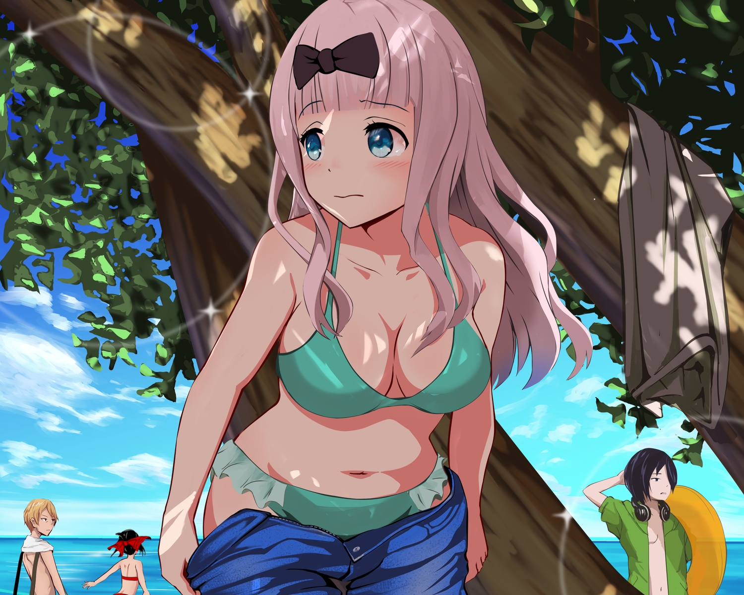 bikini, blue_eyes, blush, bow, breasts, cleavage, clouds, cropped