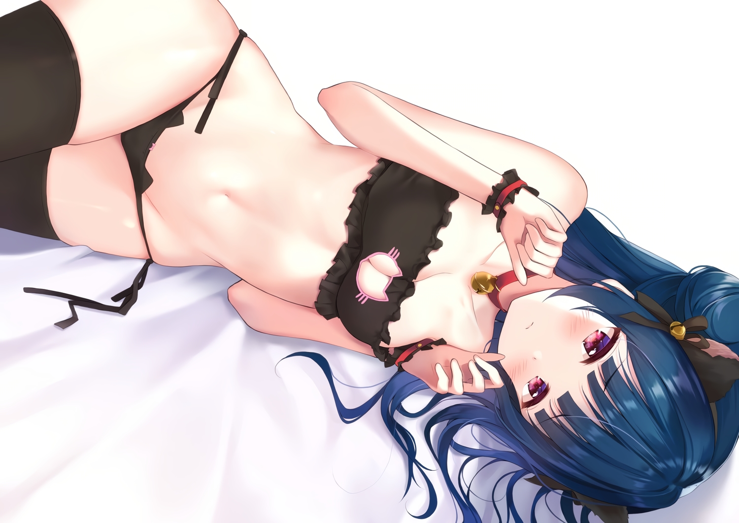animal_ears, bell, blue_hair, breasts, catgirl, cleavage, collar, depe, headband, long_hair, love_live!_school_idol_project, love_live!_sunshine!!, navel, panties, purple_eyes, tsushima_yoshiko, underwear