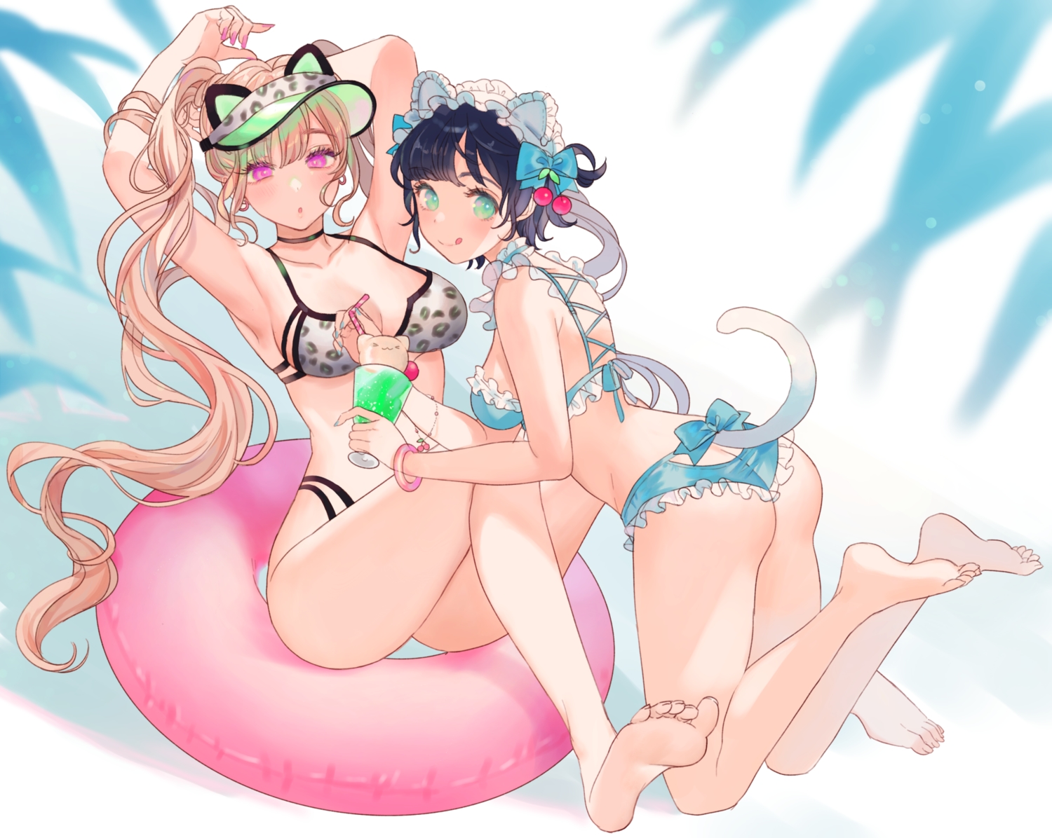 2girls, animal_ears, ass, barefoot, bikini, black_hair, blonde_hair, blush, bow, breasts, catgirl, cherry, choker, cleavage, drink, food, fruit, green_eyes, hat, headdress, lolita_fashion, long_hair, miyako_(xxxbibit), original, pink_eyes, ponytail, short_hair, swim_ring, swimsuit, tail, wristwear