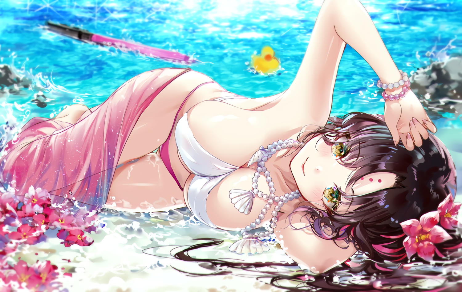 bikini, fate/grand_order, fate_(series), flowers, kinokohime_(mican02rl), long_hair, necklace, sesshouin_kiara, swimsuit, waifu2x, water