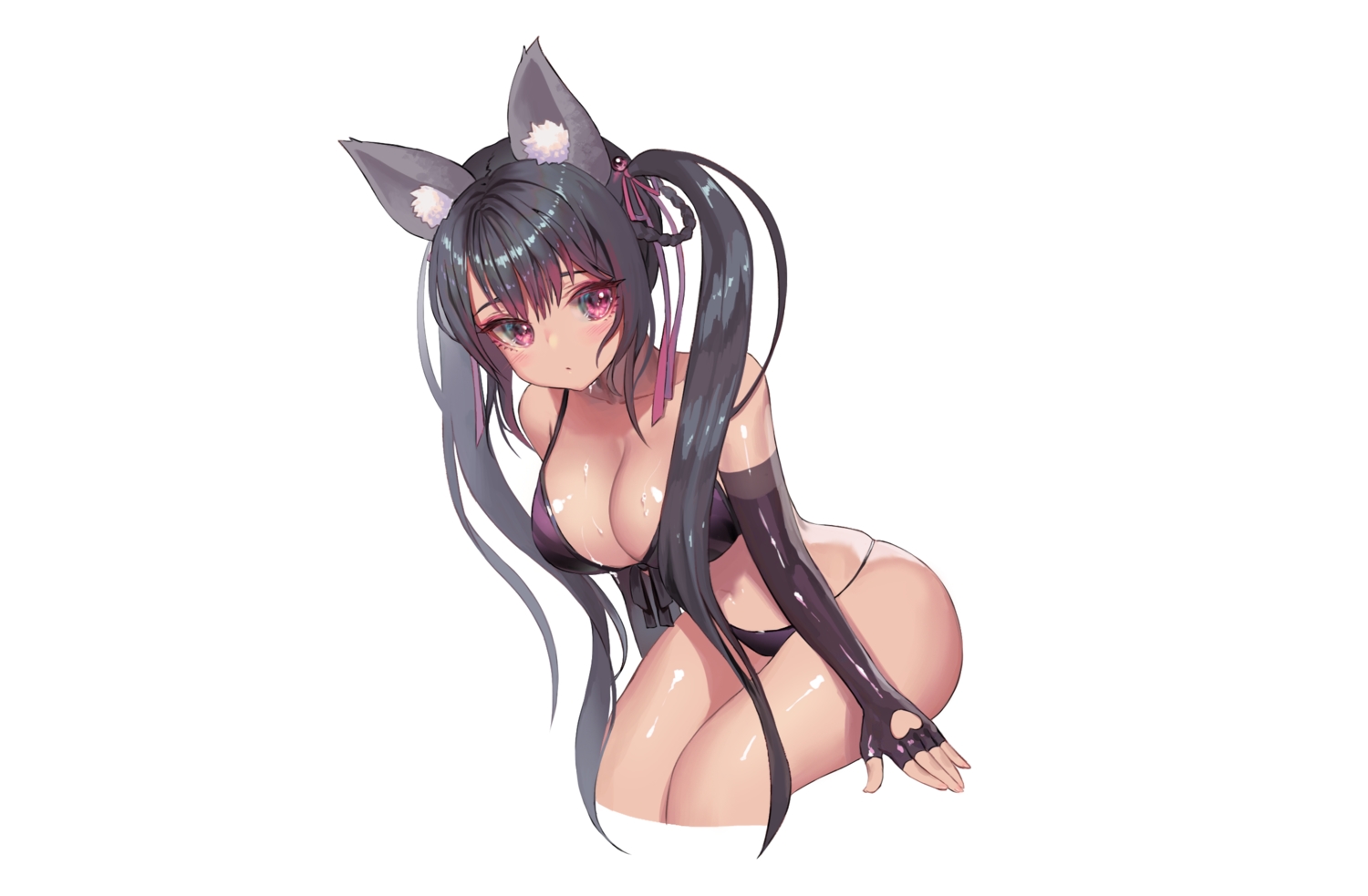 animal_ears, anni_(destiny_child), bikini, black_hair, blush, breasts, cleavage, destiny_child