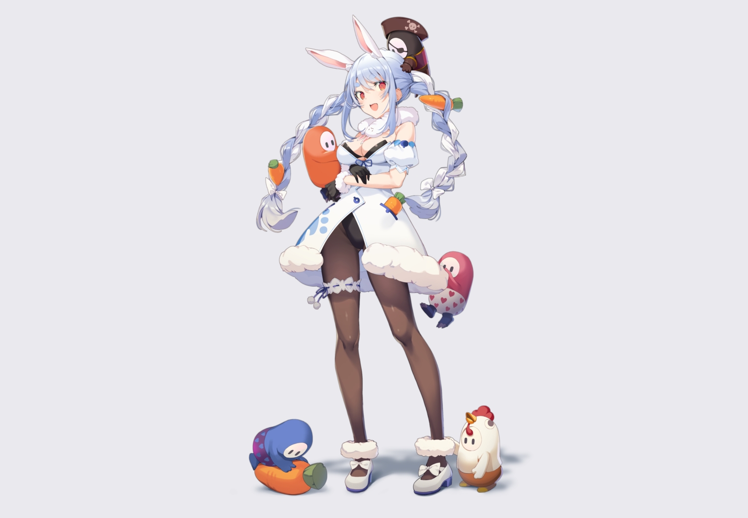 animal_ears, bikini_top, blue_hair, braids, breasts, bunny_ears, bunnygirl, cleavage, crossover, fall_guy, fall_guys, garter, gloves, hololive, ikomochi, long_hair, pantyhose, red_eyes, twintails, usada_pekora