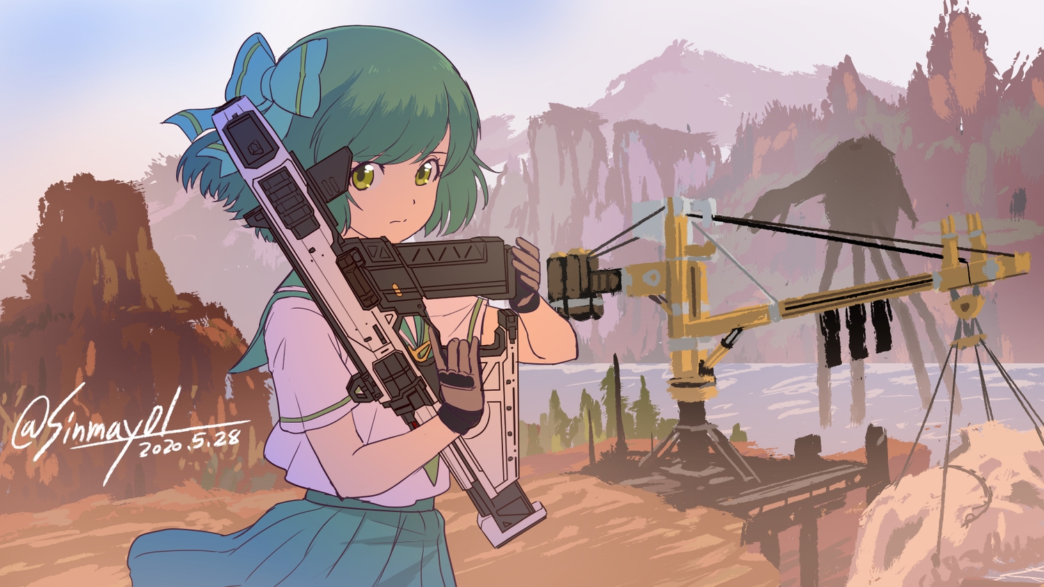 apex_legends, bow, gloves, green_eyes, green_hair, gun, industrial, scenic