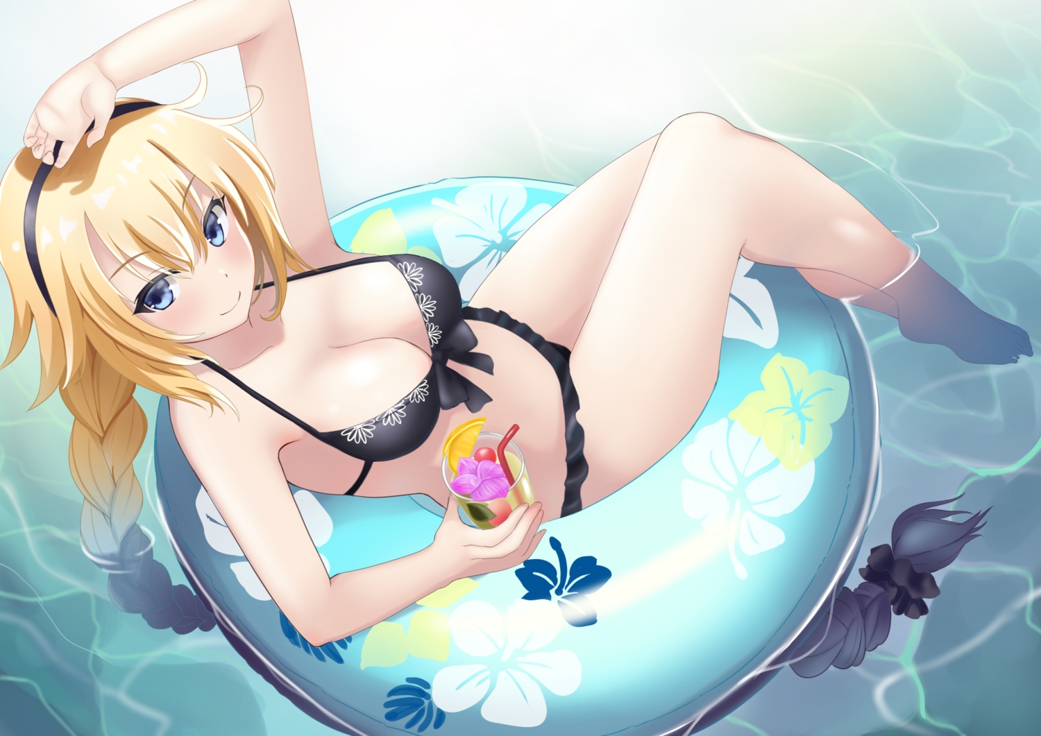 barefoot, bikini, blonde_hair, blue_eyes, braids, breasts, cherry, cleavage, drink, fate/grand_order, fate_(series), food, fruit, jeanne_d'arc_(fate), long_hair, manjirou_(manji_illust), orange_(fruit), ponytail, swim_ring, swimsuit, water