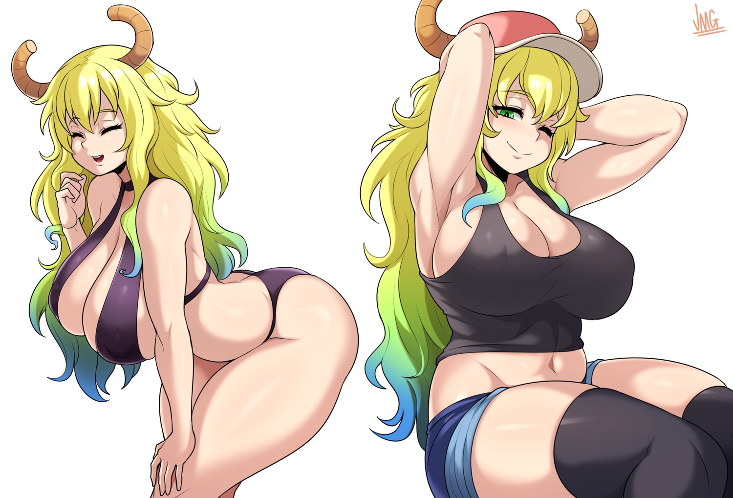 bikini, blonde_hair, breasts, cleavage, erect_nipples, green_eyes, hat, horns, jmg, kobayashi-san_chi_no_maid_dragon, long_hair, quetzalcoatl_(maidragon), shorts, signed, swimsuit, thighhighs, wink, zettai_ryouiki