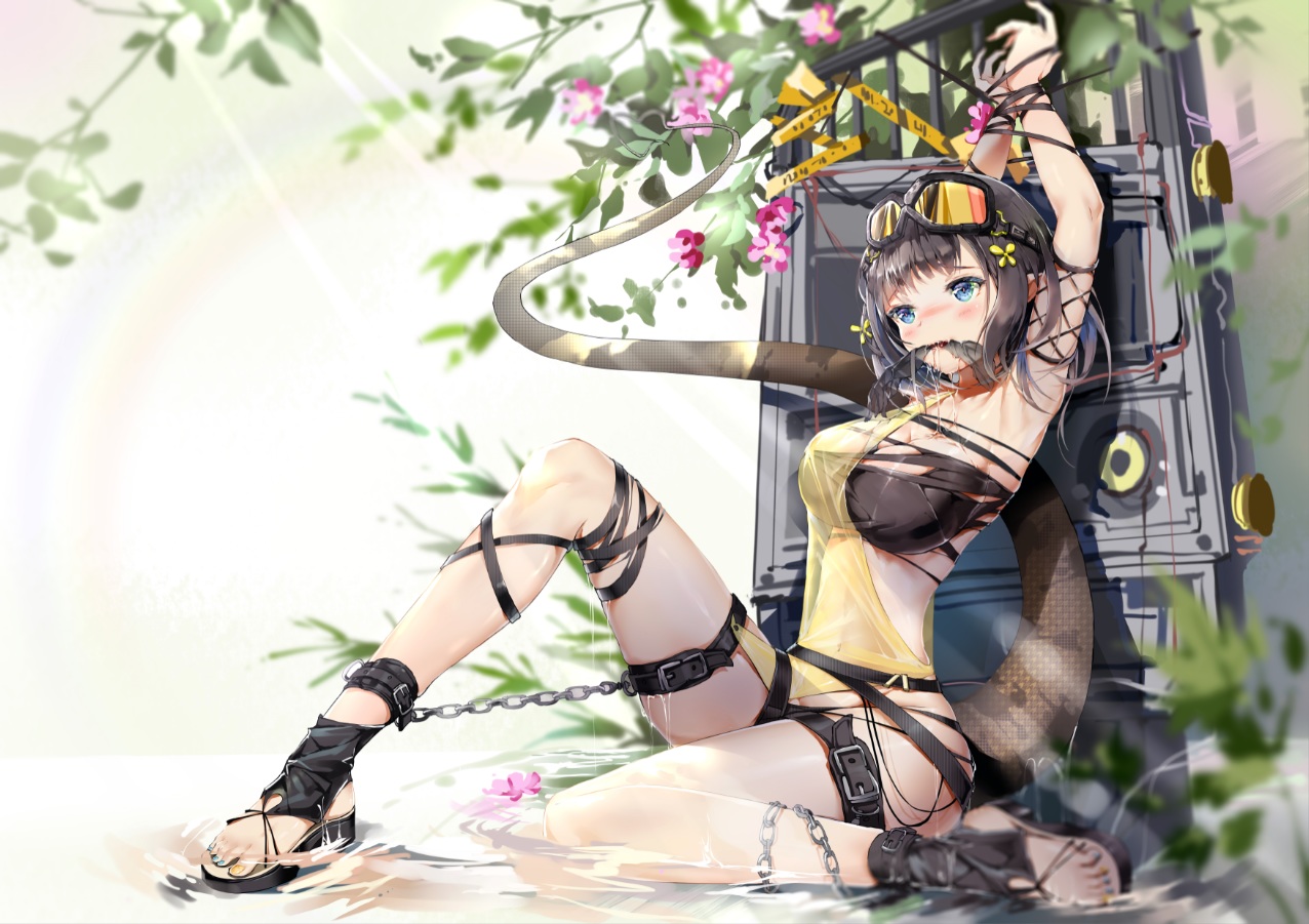 aliasing, arknights, black_hair, blush, bodhi_wushushenghua, bondage, breasts, chain, cleavage, eunectes_(arknights), flowers, garter, goggles, tail