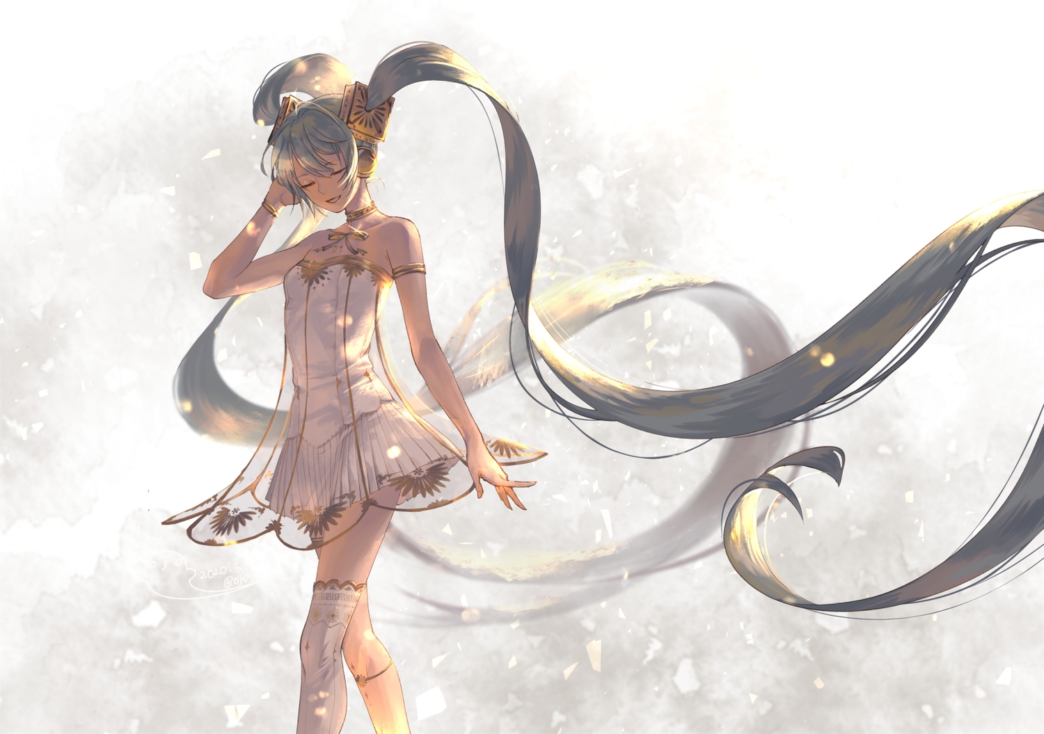 choker, dress, hatsune_miku, headphones, long_hair, miku_symphony_(vocaloid), ojo_aa, thighhighs