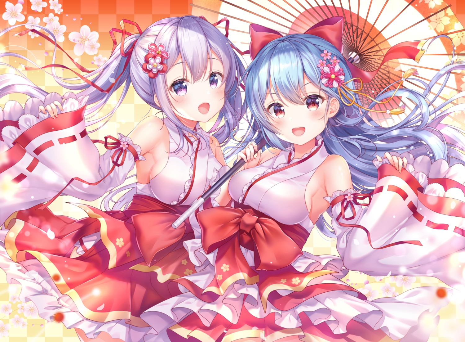2girls, aoba_chise, aoba_project, aoba_rena, blue_hair, bow, breasts, cherry_blossoms, dress, flowers, headdress, japanese_clothes, lolita_fashion, long_hair, miko, petals, purple_eyes, purple_hair, red_eyes, ribbons, sakura_moyon, sideboob, twintails, umbrella