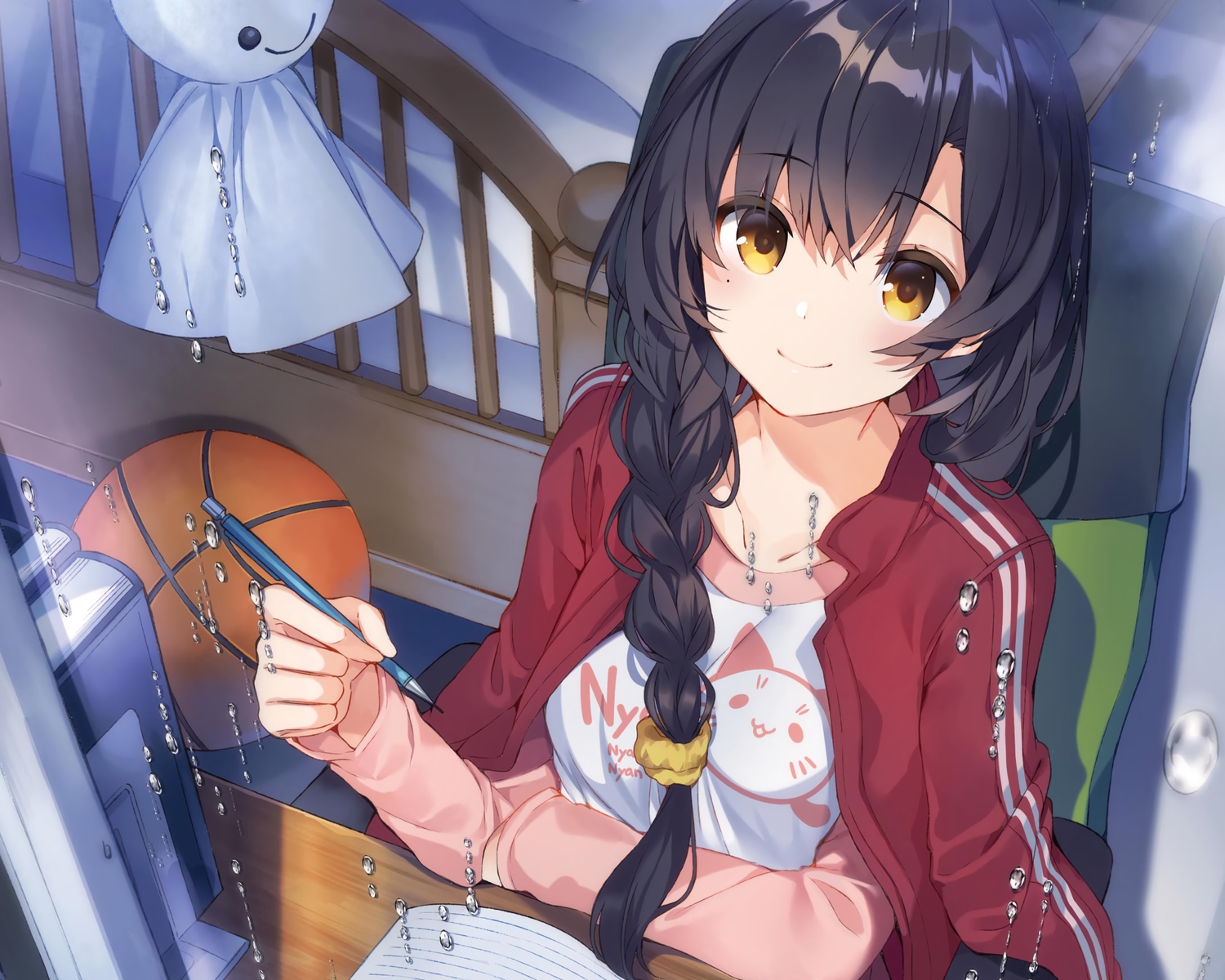basketball, bed, black_hair, blush, braids, cape, cropped, long_hair, mishima_kurone, original, paper, rain, shirt, sport, water, yellow_eyes