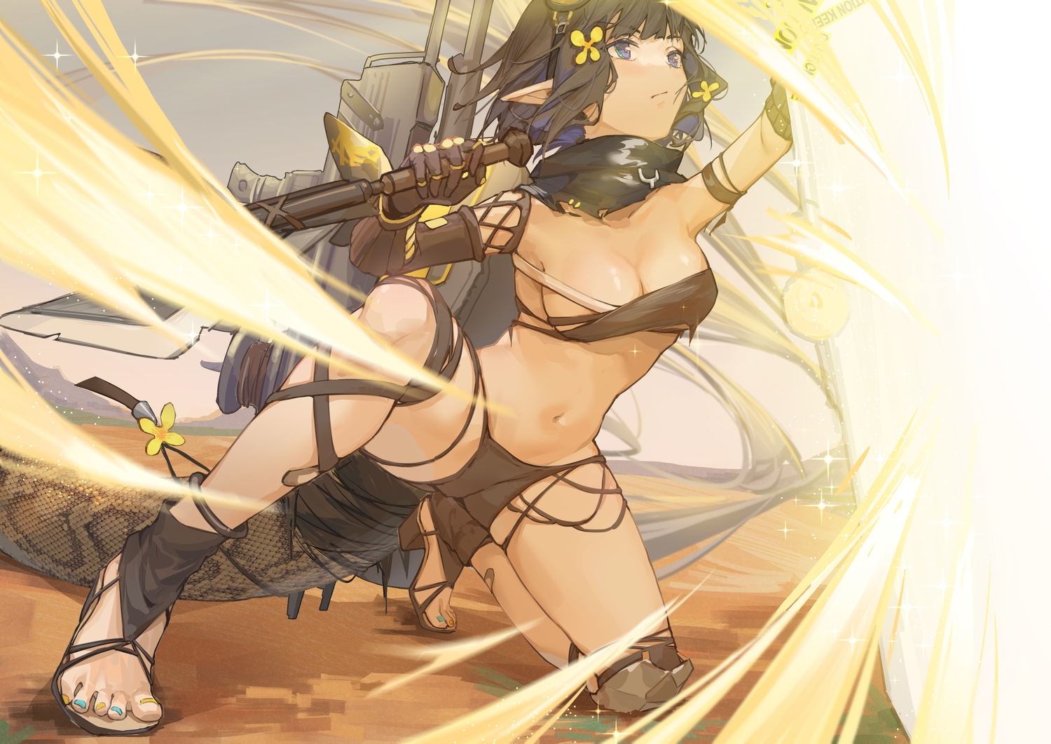 aliasing, arknights, black_hair, breasts, cleavage, elbow_gloves, eunectes_(arknights), gloves, kotatsu_kaya, navel, pointed_ears, short_hair, shorts, tail, weapon