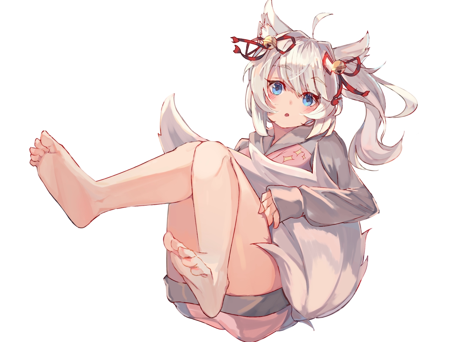 aliasing, animal_ears, aqua_eyes, barefoot, bell, foxgirl, howan_(show_by_rock!!), long_hair, show_by_rock!!, tail, tota_(sizukurubiks), white, white_hair
