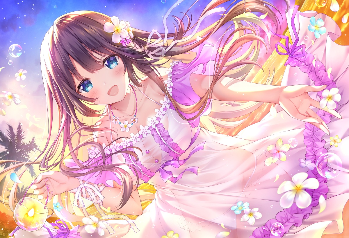 aliasing, breasts, brown_hair, bubbles, cleavage, dress, ekouji_ruri, flowers, livercity, long_hair, necklace, ribbons, sakura_moyon, see_through, sky, sunset, wristwear
