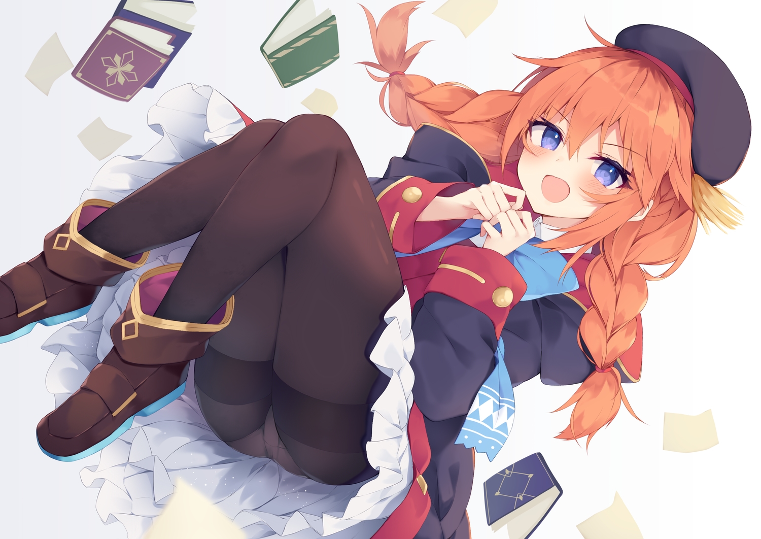 blue_eyes, blush, book, boots, braids, dress, hat, hood