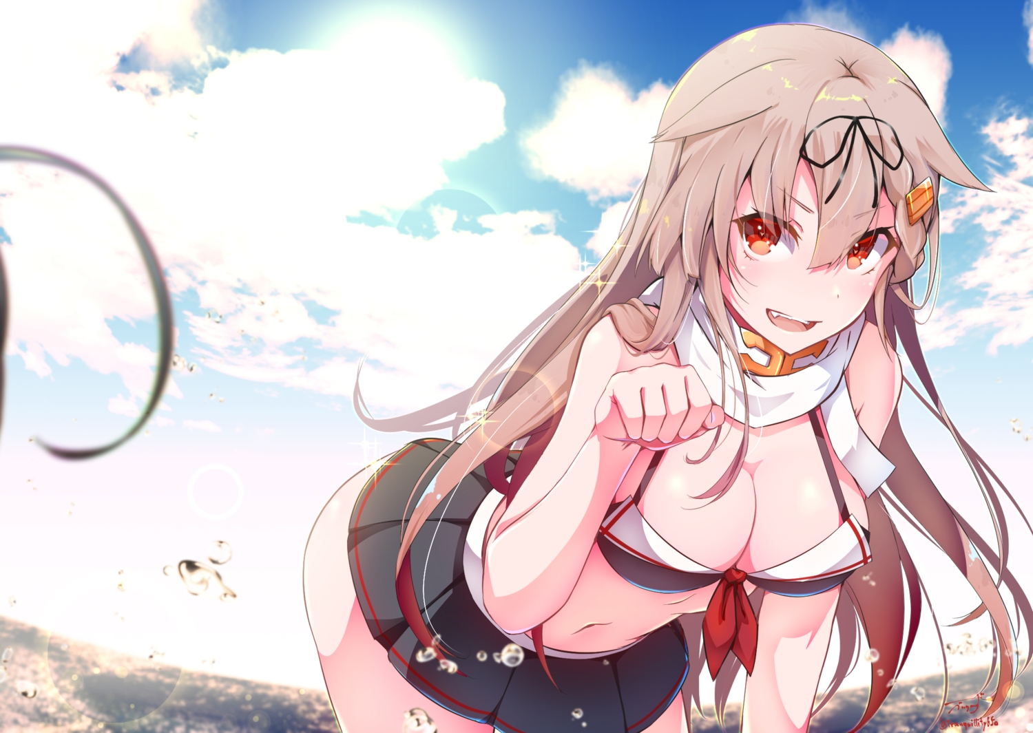 anthropomorphism, baileys_(tranquillity650), bikini, breasts, brown_hair, cleavage, clouds, fang
