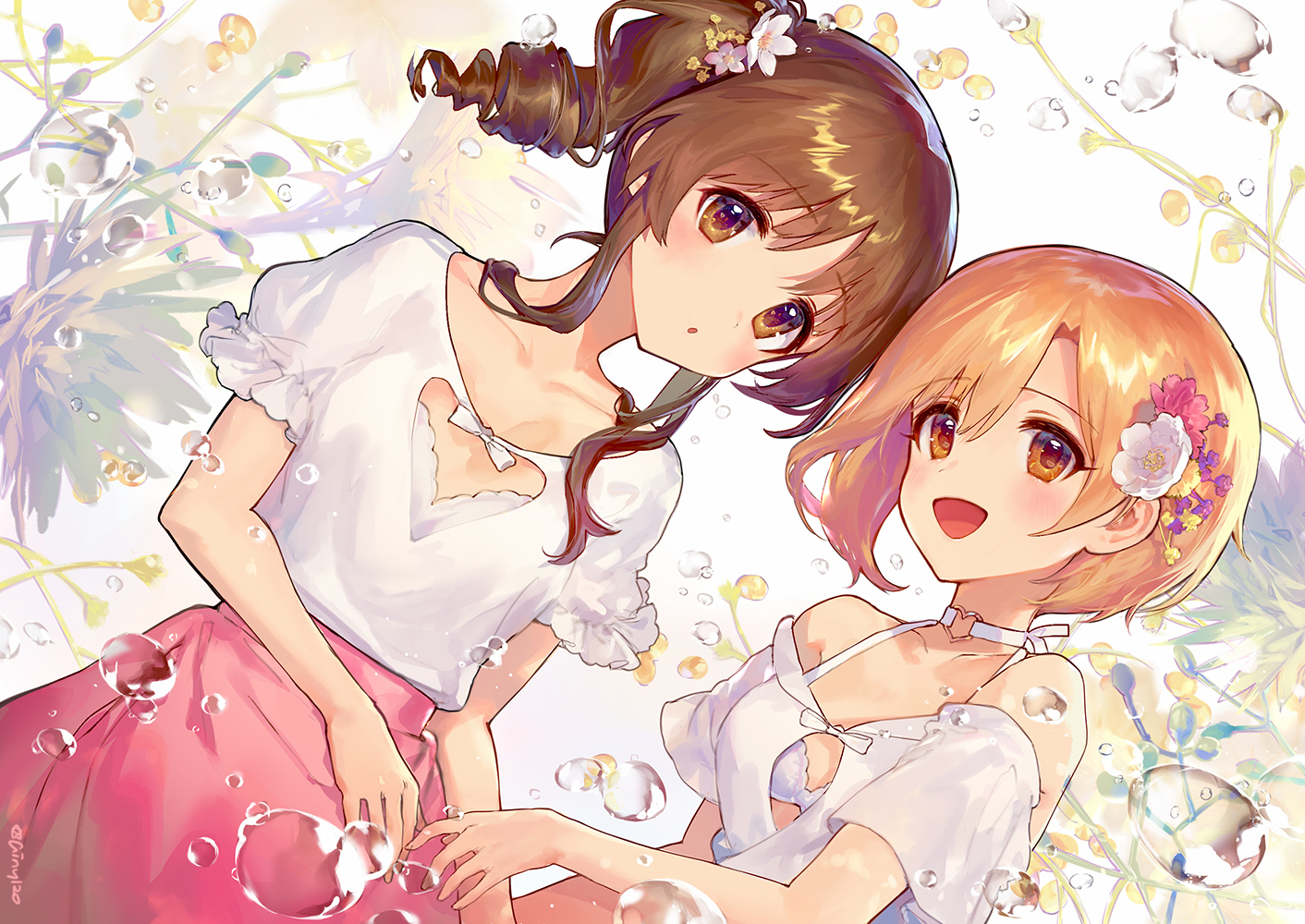 2girls, aiba_yumi, ainy77, blonde_hair, blush, bra, brown_eyes, brown_hair