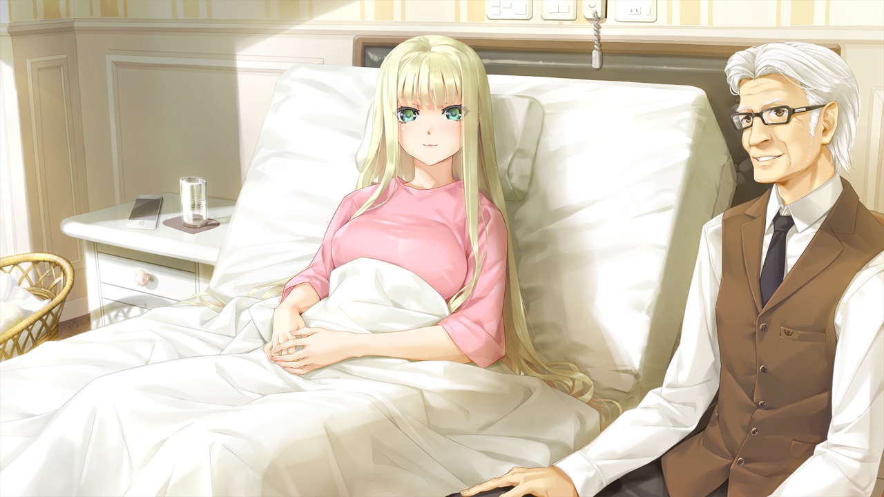 bed, bishoujo_mangekyou, blonde_hair, brown_eyes, drink, game_cg, green_eyes, happoubi_jin