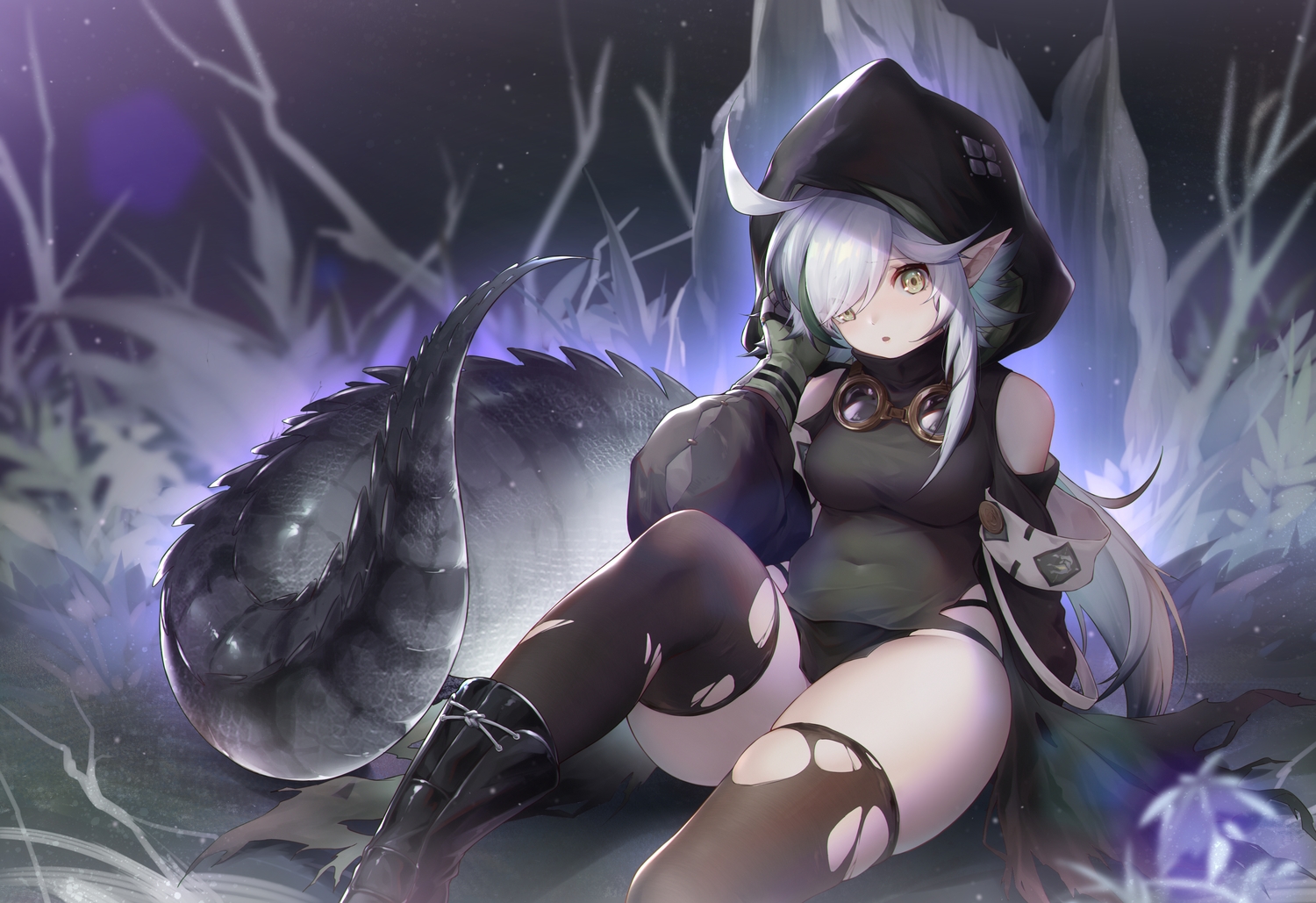arknights, boots, gloves, goggles, hood, jiusan_naitan, long_hair, pointed_ears