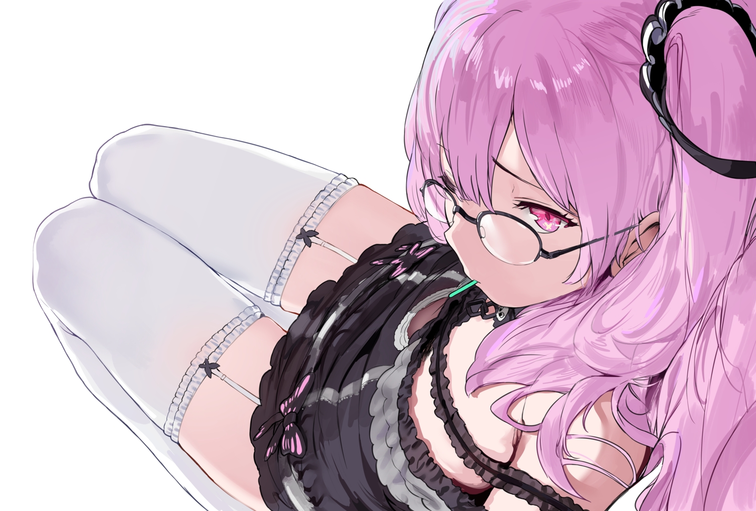 garter_belt, glasses, goth-loli, hewsack, hololive, lolita_fashion, long_hair, purple_hair